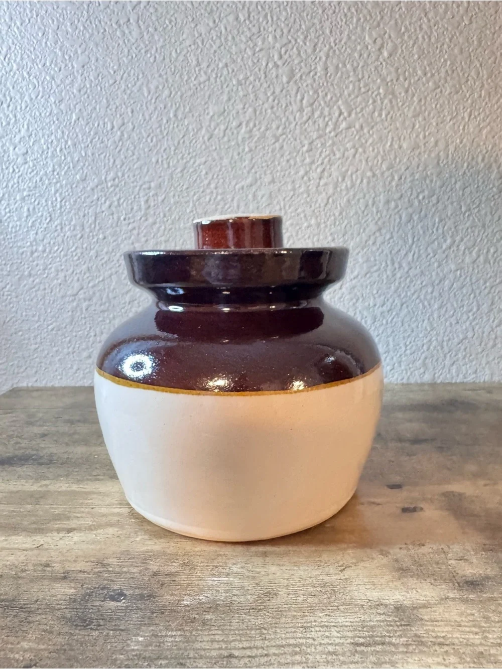 Brown & Cream Stoneware Crock Jar with Lid
